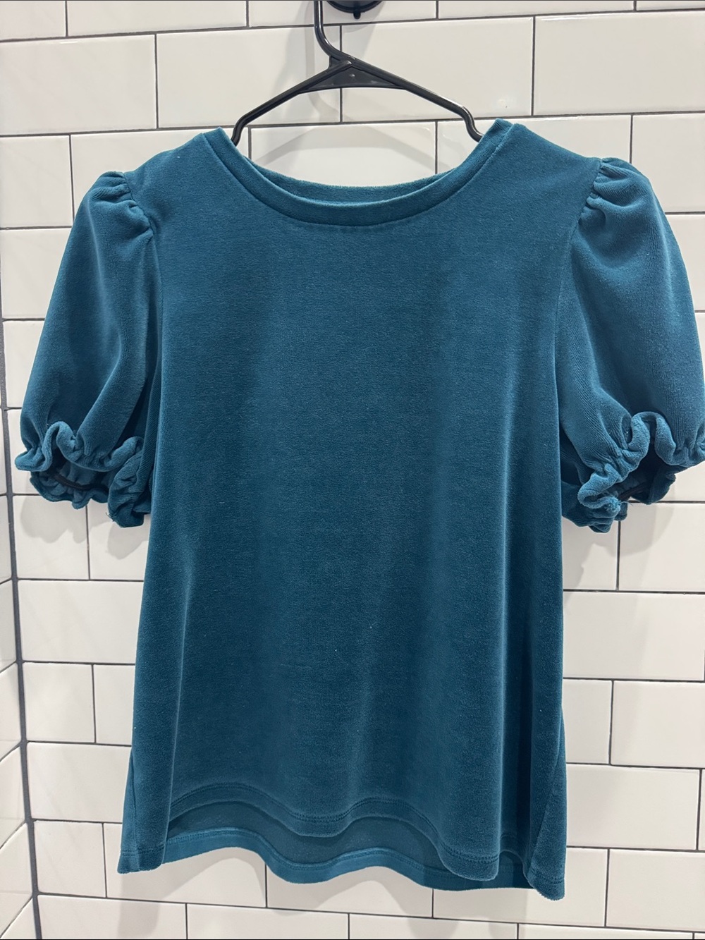 Ann Taylor Teal Velvet Puff-Sleeve Top